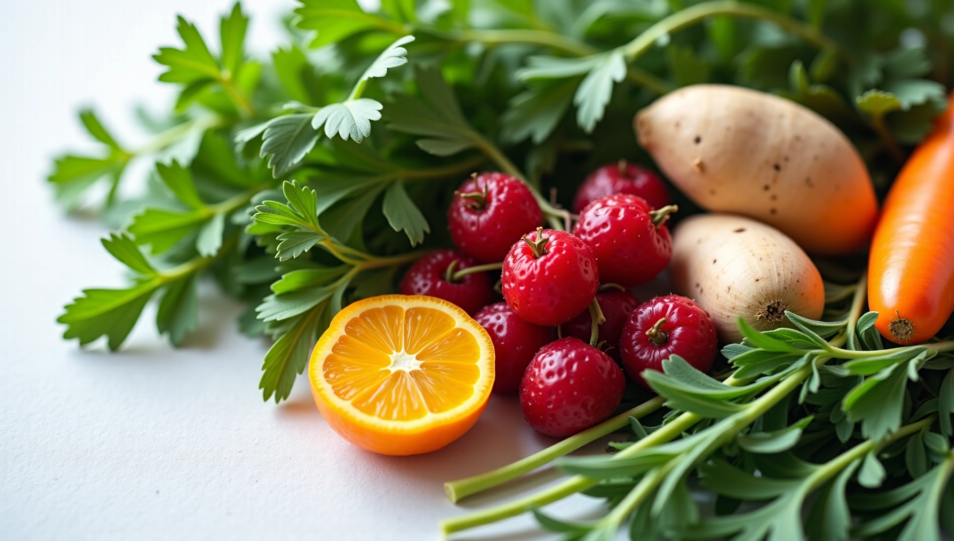 Ingrediente naturale proaspete, ierburi și fructe, simbolizând sănătatea și vitalitatea